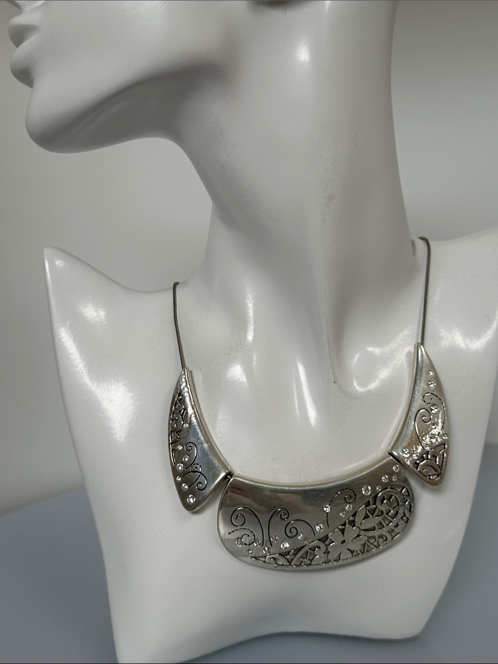 Brighton Silver Floral Filigreeand Crystals Collar Necklace